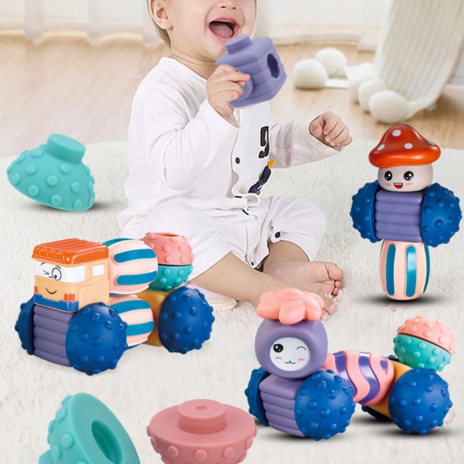 Baby Sensory Toys DIY Building Blocks Grasp Toy 3D Silicone Building Blocks Soft Ball Kid Rubber Bath Teethers Baby Puzzle Toy